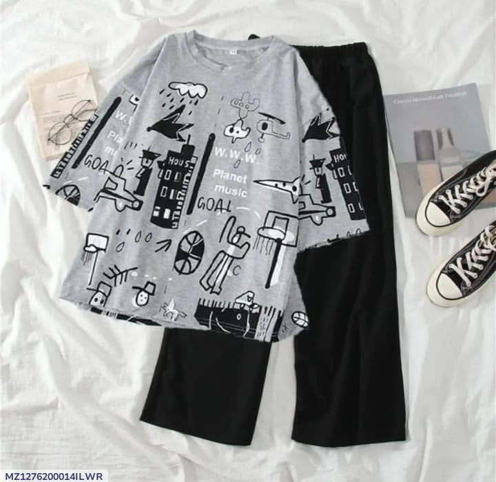 2 Pcs Women's Stitched Cotton Jersey Printed Night Suit